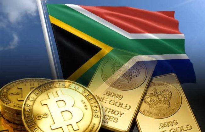 Bitcoin-South Africa Image with gold bars BTC and SA Flag