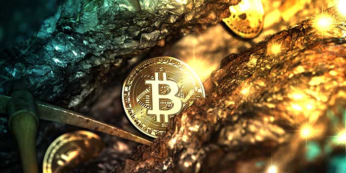 Bitcoin (BTC) is illustrated as physical gold coins in gold mine