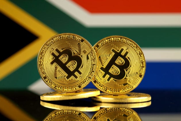 Bitcoin (BTC) is illustrated as gold physical coin with the national flag of South Africa