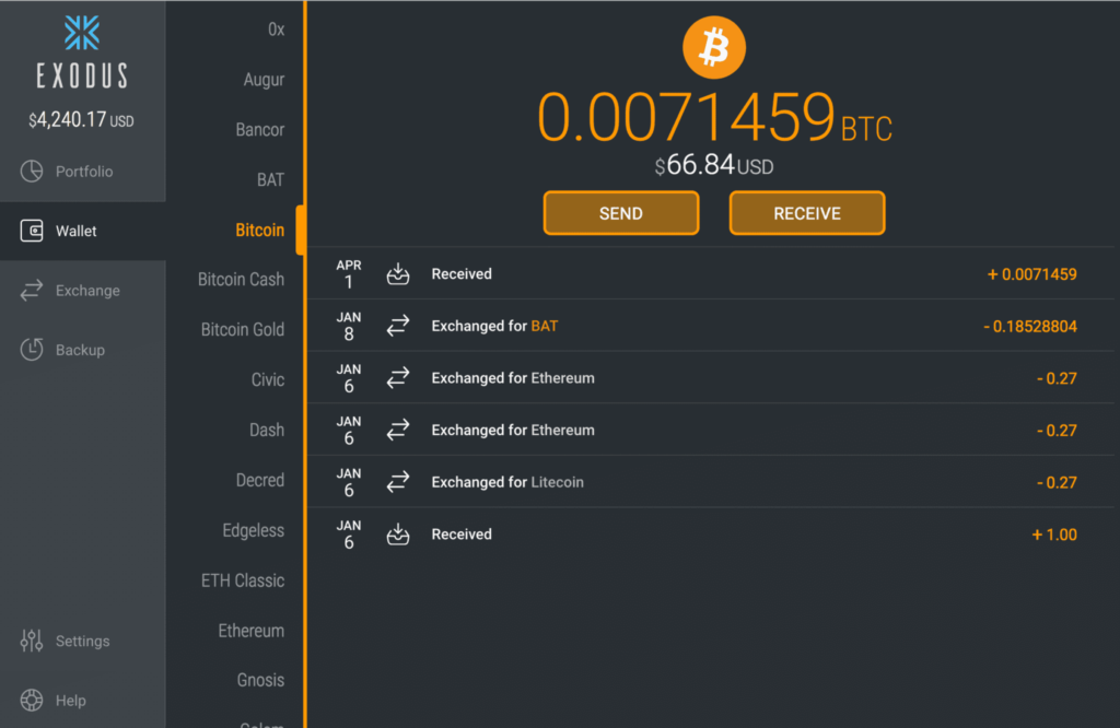 The page of Exodus crypto wallet on dekstop