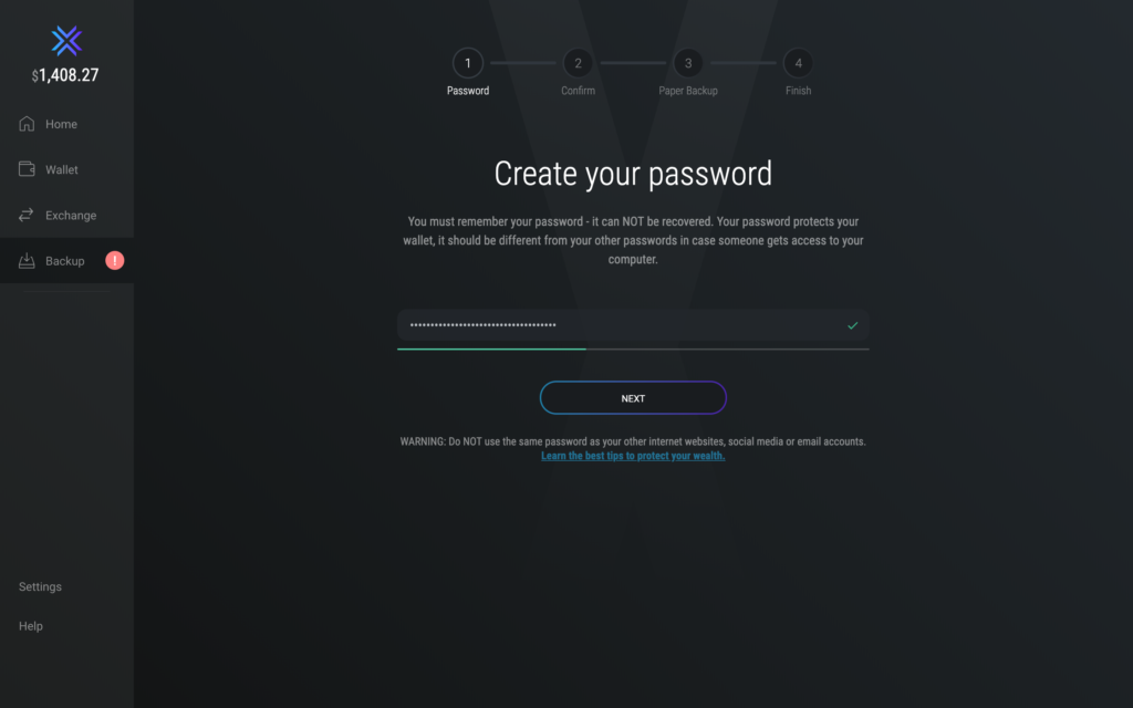 Dialog box provided by Exodus to create password for your wallet