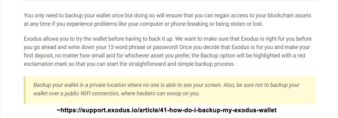 Dialog box provided by Exodus to backup your wallet