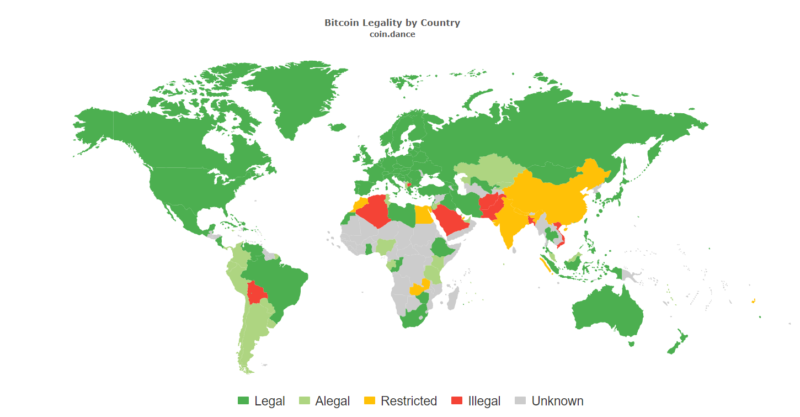A map that shows how cryptocurrency (Bitcoin) is legal in South Africa and other countries