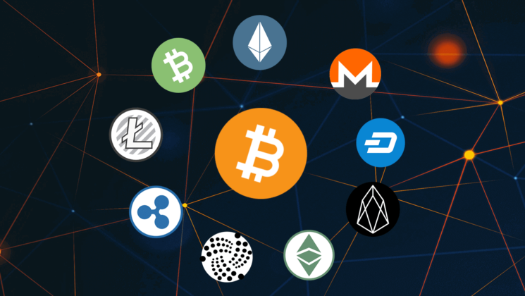 Various cryptocurrencies logo on dark background