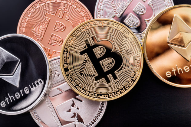 Various cryptocurrencies are illustrated as physical coins