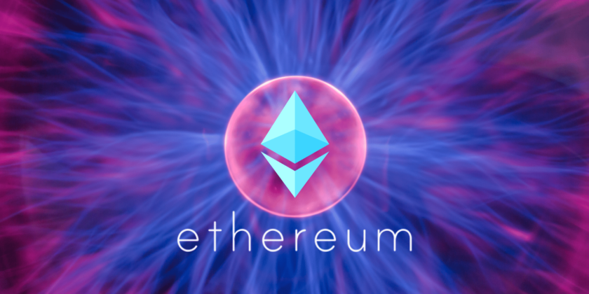 The logo of Ethereum with blue and pink background