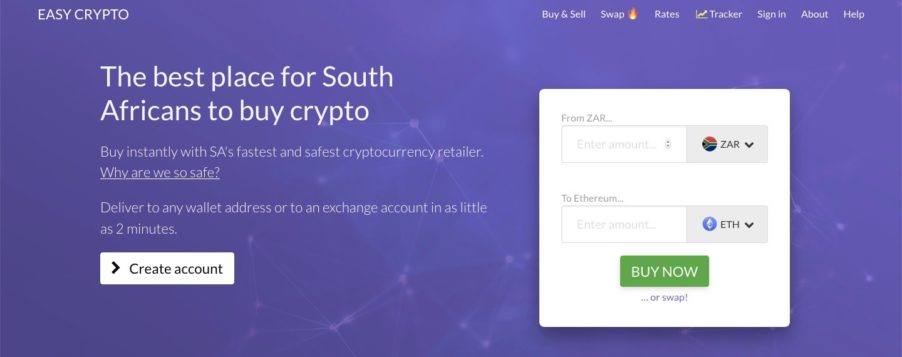 The homepage of Easy Crypto website, as the place to buy Ethereum in South Africa