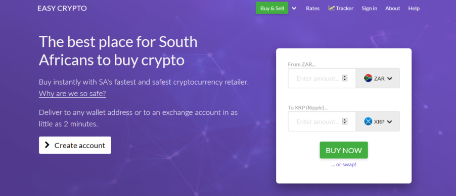 The front page of Easy Crypto website to buy Ripple (XRP) in South Africa