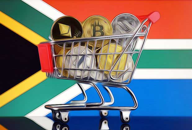 Various cryptocurrencies in a cart with the national flag of South Africa on background